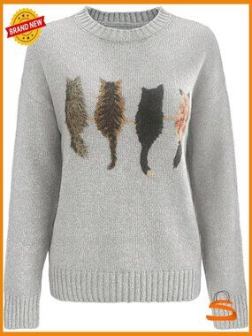 Cat Print Crew Neck Long Sleeve Pullover Sweater Women Fall Knit Tops